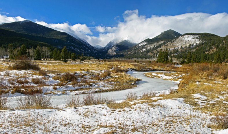 A snow covered valley and frozen Creek in Estes Park