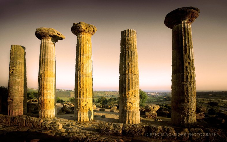 The ruins of Temple of Heracles in the Valle dei Templi in Agrigento, Italy